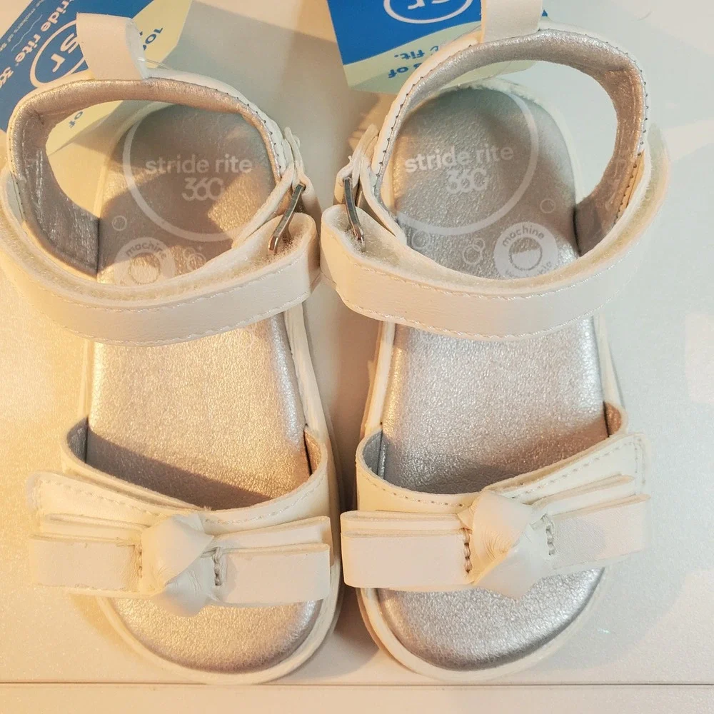 Stride Rite 360 Delilah White Silver Bow Sandals Kids Size 5M
